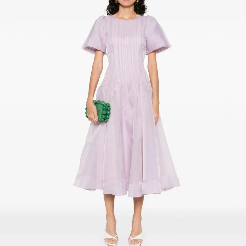 Summer 2025 Women's round NeckDouble Layer FabricHeavy Work Short Sleeve Dress Y2K High Quality Fashion High Street A-Line Skirt