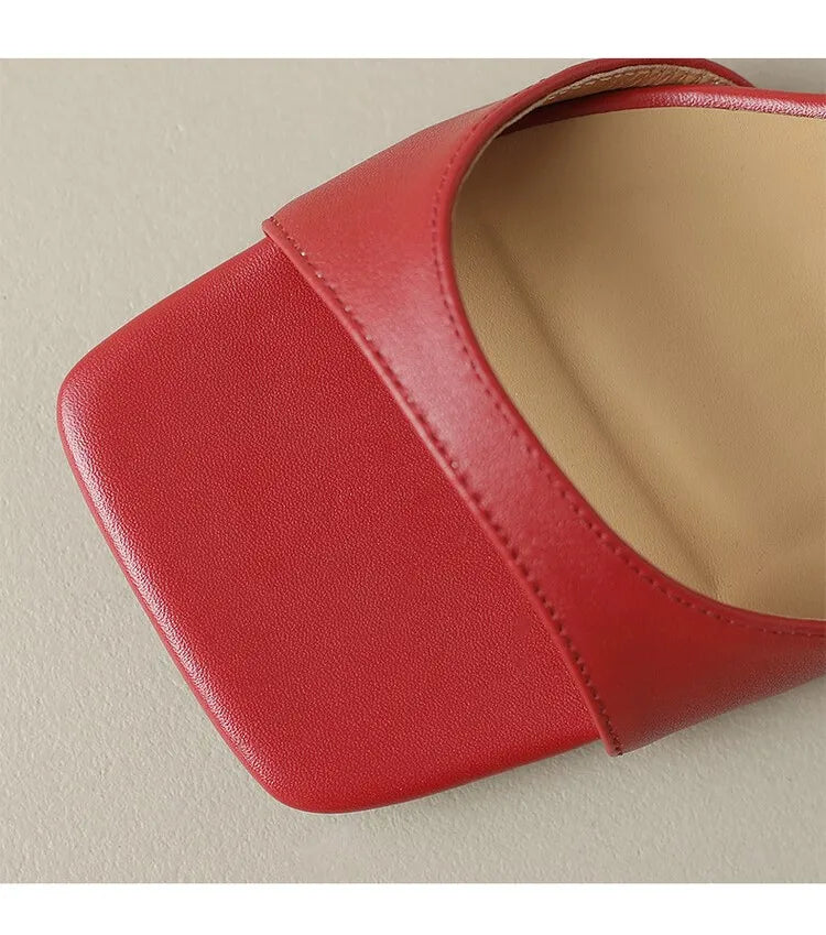 2025 Summer Sandals Women Shoes Open-Toe Thin Heel Women Sandals Split Leather Square Toe Shoes for Women High Heels Handmade