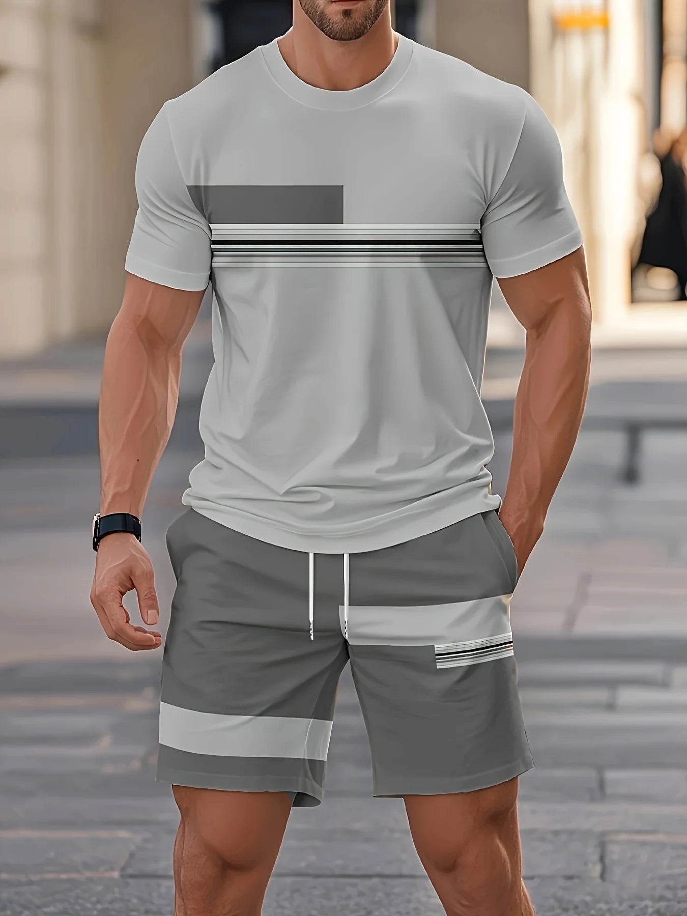 New Summer Men's Sportswear Striped Short-Sleeve T-Shirt Set Two-Piece Outdoor Travel Apparel Relaxed-Fit Shorts Training Wear