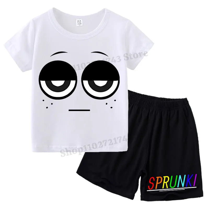 Kids 2 Piece Outfit Sprunki Red Face Character T-Shirt + Shorts Set Boys Girls 100% Cotton Casual Summer Pajamas Set