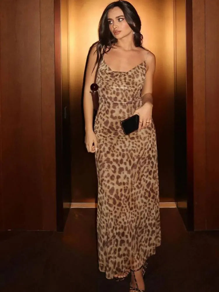 HH Women Fashion Leopard Print Sleeveless Backless Suspender Dress Summer Female Vintage Slim Casual Beach Party Long Dress