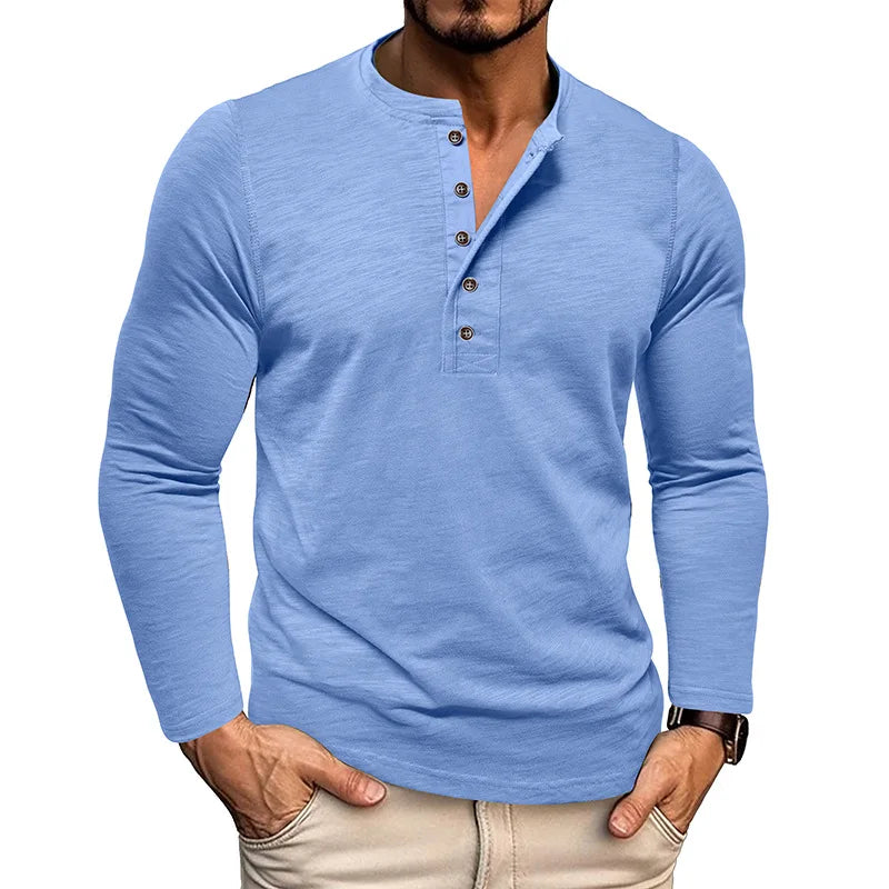 New Autumn Long Sleeve T-Shirt Mens Casual Solid Color Top Henley Neck Slim Versatile Work T-shirt Breathable Outdoor Thin Tee