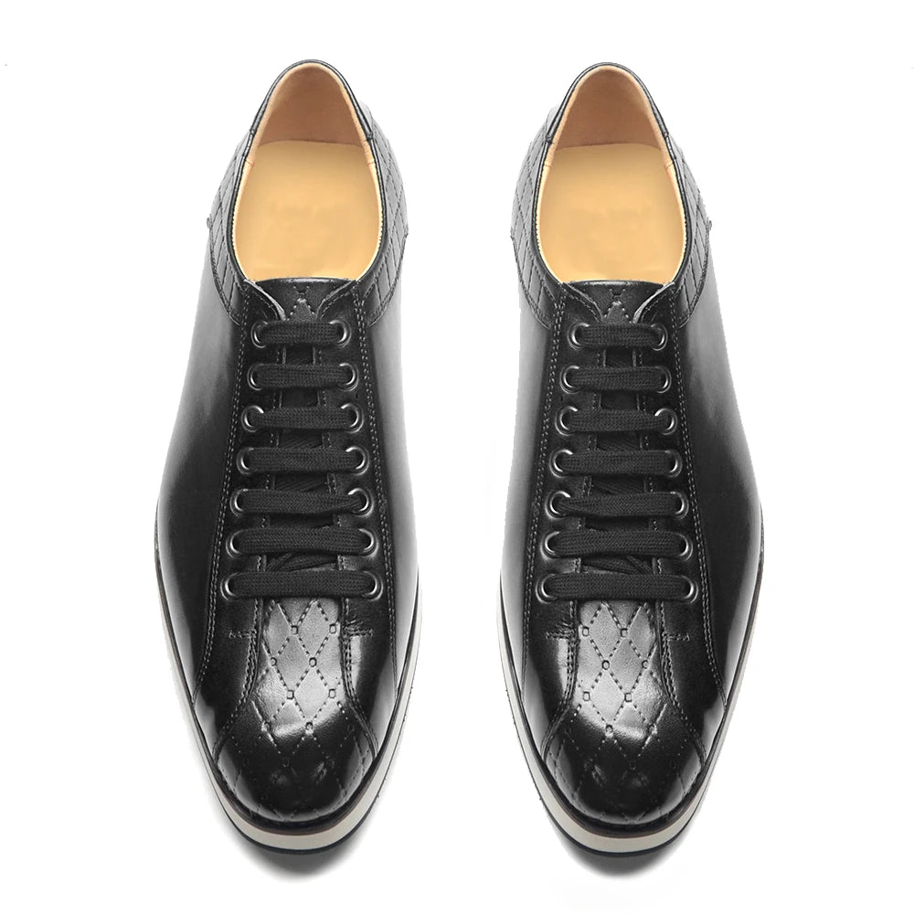 European Style Genuine Leather Men's Casual Shoes Luxury Plaid Business Social Black Flat Lace-Up Sneaker Shoes for Man