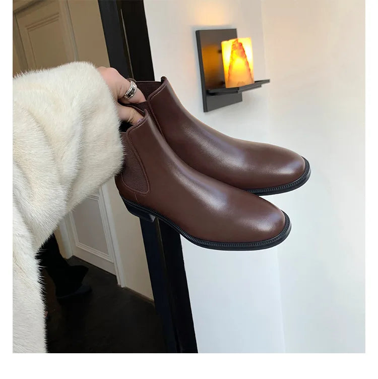 2026 Autumn/Winter Ankle Boots Women Basic Chelsea Botas Mujer Low Thick Heels Short Booties PU Leather Slip On Stretch Botines