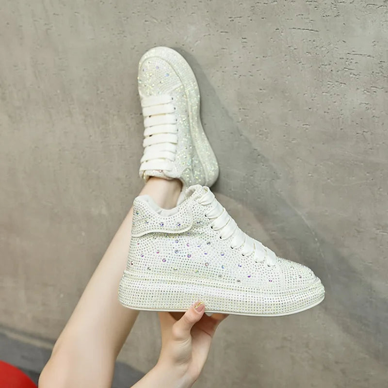Hot Top Quality Winter Warm Fur Sneakers Sexy Women Skate Shoes New Rhinestone High Top Board Shoes Shiny Women's Casual Shoes