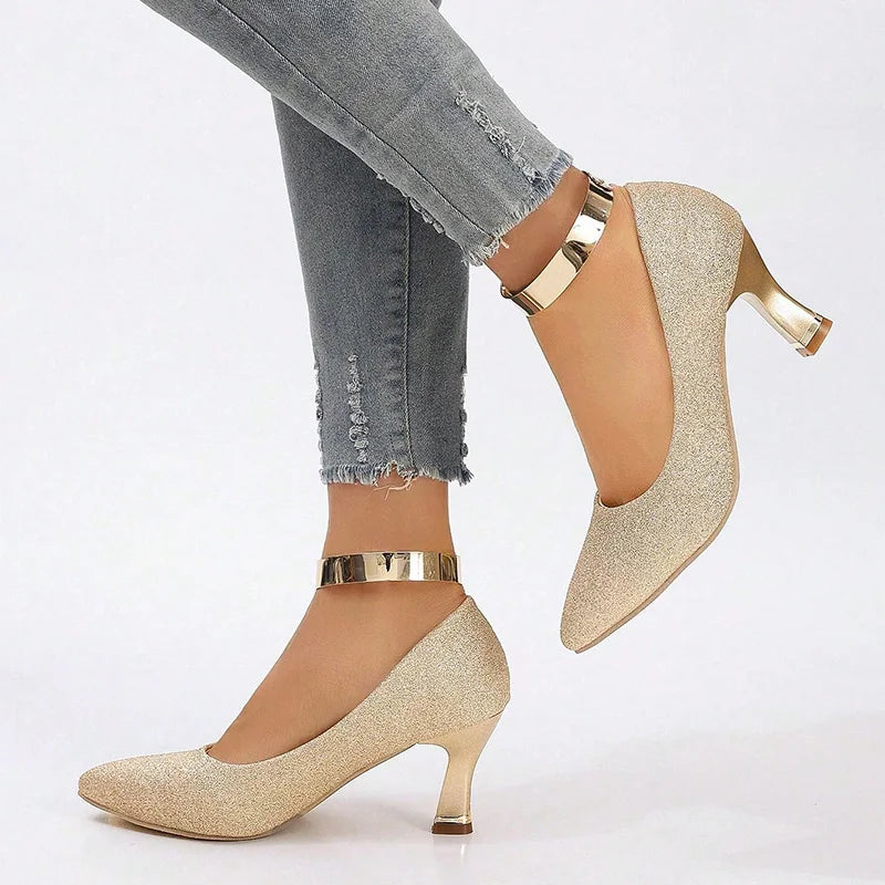 Shiny Gold Sequin High Heels Pumps for Women 2025 Autumn Fashion Thin Heeled Party Wedding Shoes Pointed Toe Slip-On Pumps Mujer