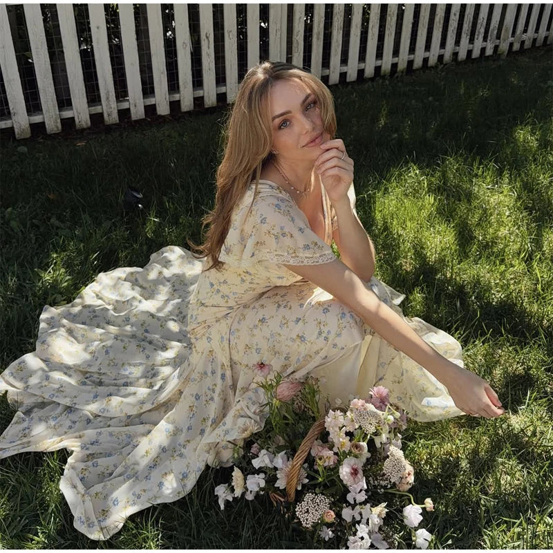 Women Elegant Printed Fishtail Dress Sexy V-neck Short Sleeve Waist-cinching Pleated Slim Maxi Dresses 2026 Lady Vacation Robe