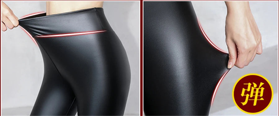 Winter Pu Leather Fleece Lined Leggings Pant Women High Waist Thicken Warm Lamb Fluff Slim Pencil Leggins Black Pantalones