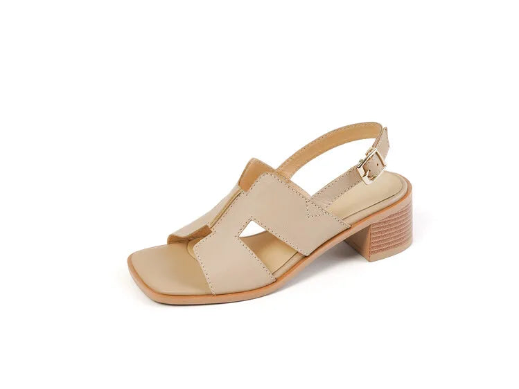 2025 Summer Women Shoes Square Toe Chunky Heel Women Sandals High Heels Ladies Shoes Casual Leather Shoes Women Genuine Leather