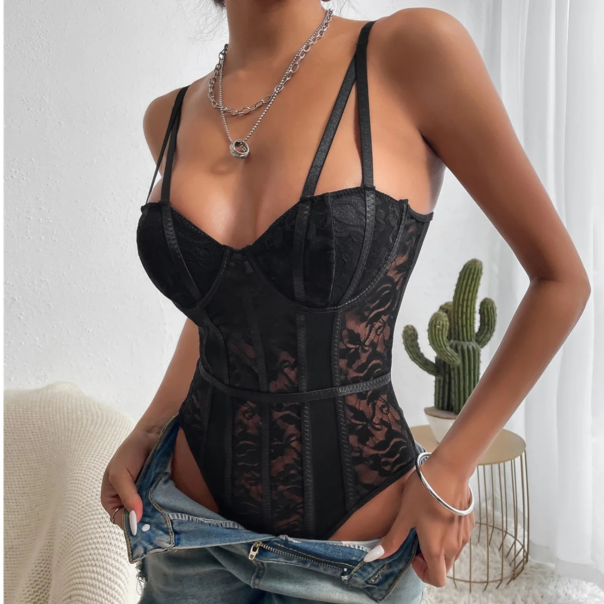 Sexy Lace Bodysuit for Women, black lace corset-style bodysuit with sheer panels.