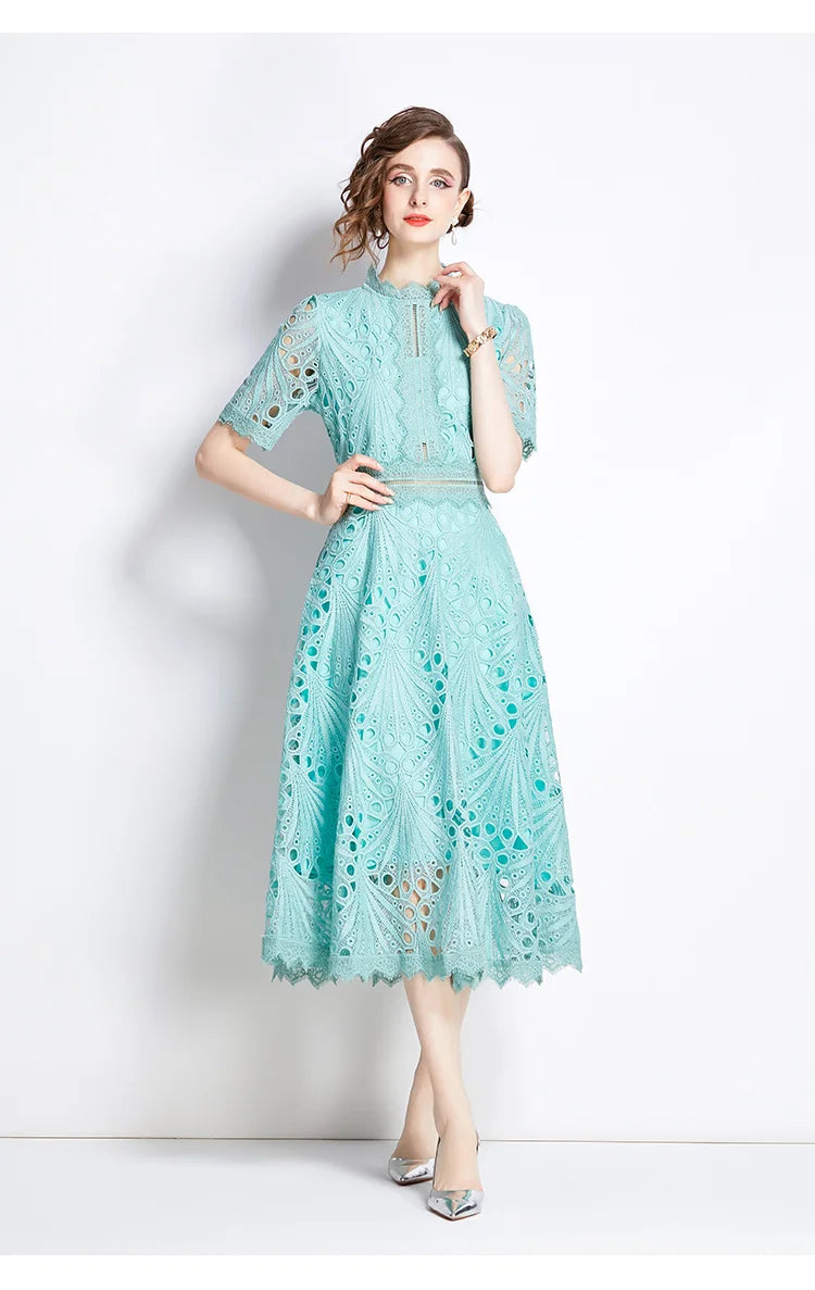 SMTHMA Vintage High-End O-Neck Short Sleeve Lace Hollow Out Dress For Women's Summer Slim Elegant Long Dress Female Clothing