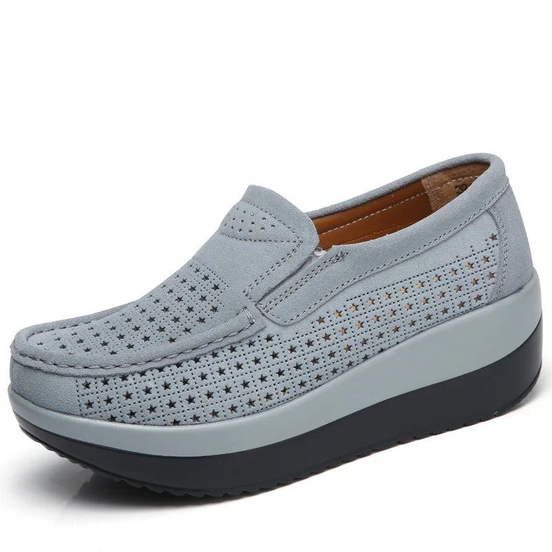 Women's Spring Autumn Genuine Leather Loafers - Fall Slip-On Round Toe Navy Platform Casual Flat Shoes