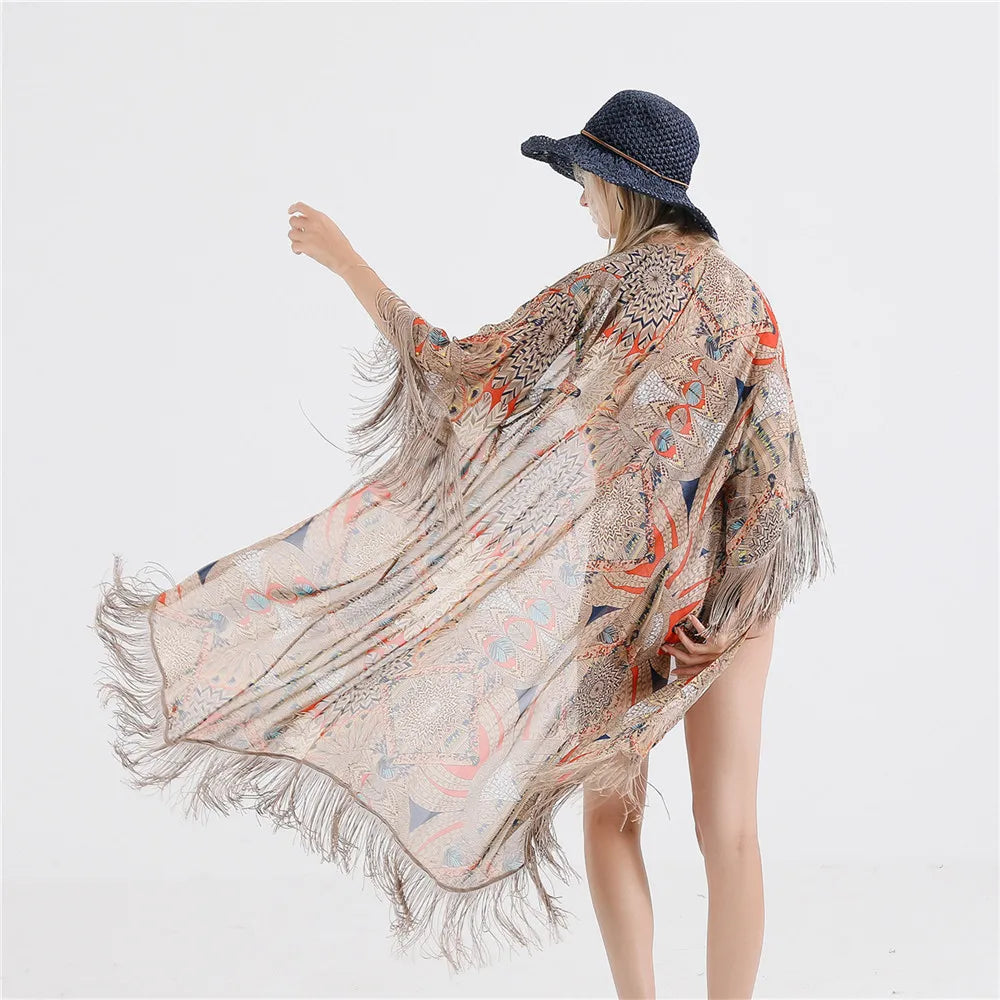 Fashion Vintage Paisley Bikini Cover Ups Summer Chiffon Cardigan Cape Women Beach Swimsuit Sun Protection Smock Loose
