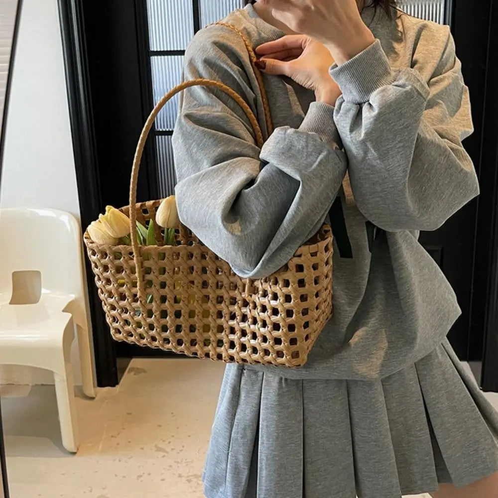 Simple Woven Women's Shoulder Bag Solid Color Large Capacity Tote Bag Hollow Handbag