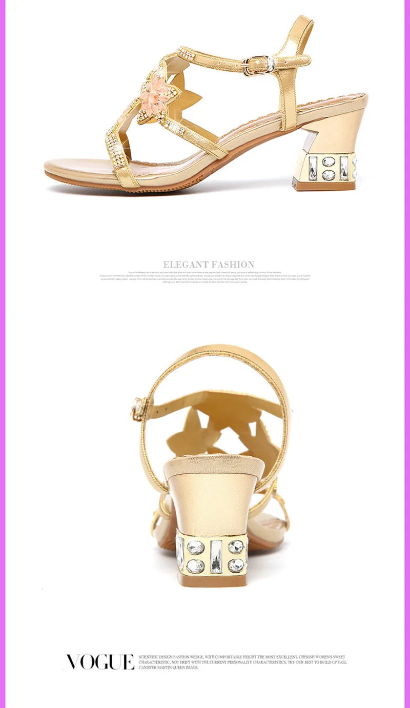 Comemore Ladies Low Block Heel Women's Sandal with Diamonds Outdoor Beach Shoes New Fashion Heeled Sandals High Heels Luxury 33