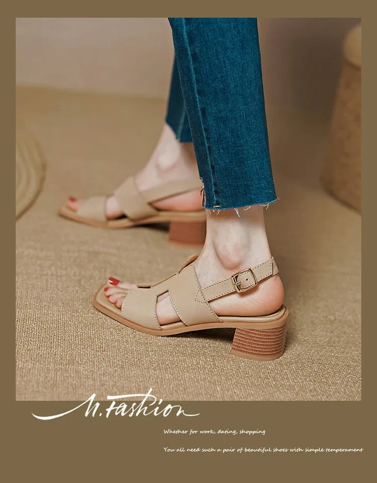 2025 Summer Women Shoes Square Toe Chunky Heel Women Sandals High Heels Ladies Shoes Casual Leather Shoes Women Genuine Leather