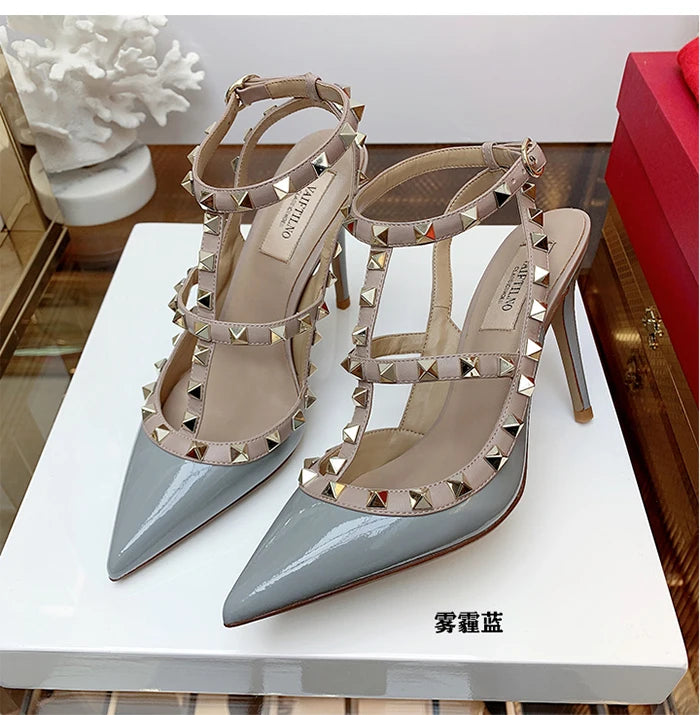 Nude Women's Gladiator sandals Summer 2025 Luxury With Ankle Strap Pointed Toe Fashion Rivet High Heels Party Ladies Shoes Women