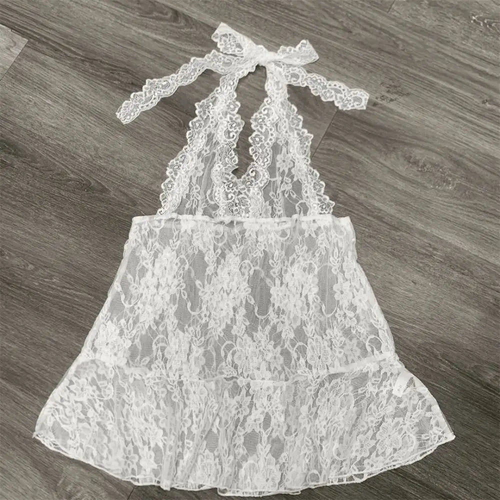 Fashion Transparent Lace Halter Dress V-neck Beachwear Lace-up Short Skirts A-line Spicy Girl Style Dresses Women Club