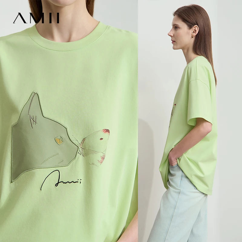 AMII Summer Casual T-shirt for Women 2025 Print Round Neck Short Sleeve Shirts Lady Fashion New Loose Clothes Woman 12522007
