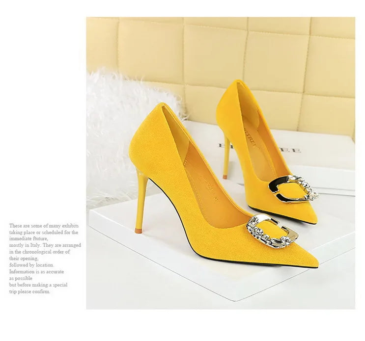 BIGTREE Shoes Metal Rhinestone Belt Buckle Women Pumps Suede High Heels Luxury Banquet Shoes Sexy Party Shoes Women Stilettos