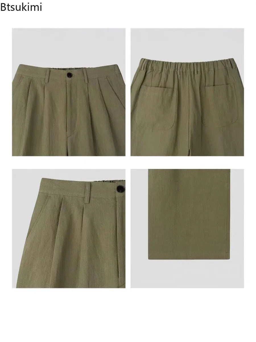 New Men's Cotton Linen Workwear Trousers Draped Wide Leg Pants Light Luxury Leisure Solid Straight Trousers Premium Sweatpants