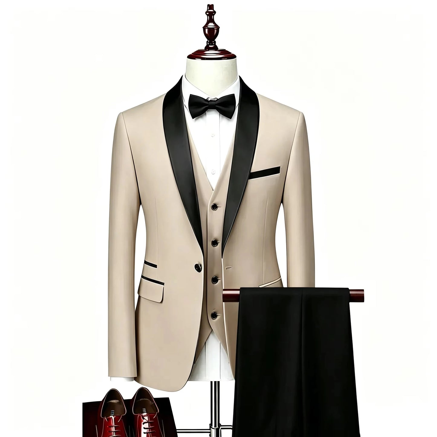 ( Jacket + Vest + Pants ) Men's 3 Piece Tuxedo Suit Set, Beige Blazer with Black Shawl Lapel for Wedding, Groom, Formal Party