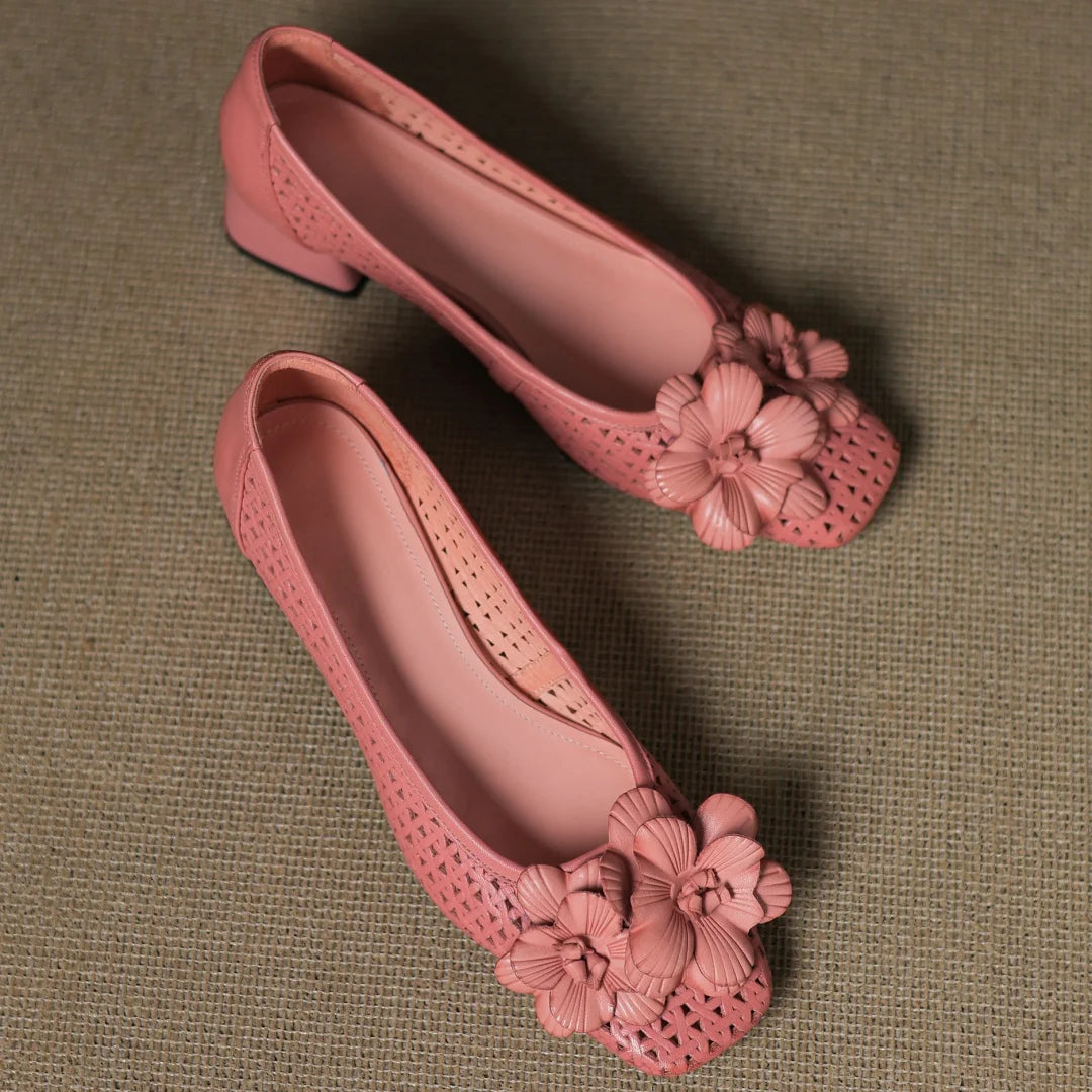 Plus size 41 women's hollow-out sheepskin square toe slip-on pumps 4cm thick med heel elegant ladies flower summer heels sandals