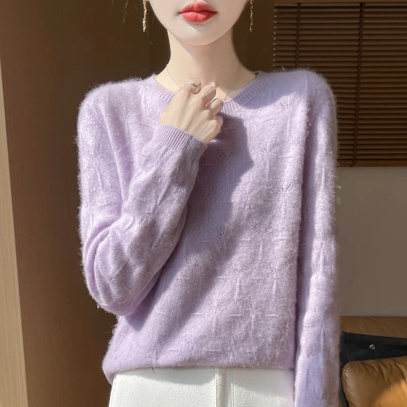 Women 100% Merino Wool Sweater Casual Hollow out Cashmere Blouse O-neck Pullover Tops Autumn Winter Warm Knit Woman Wool Sweater
