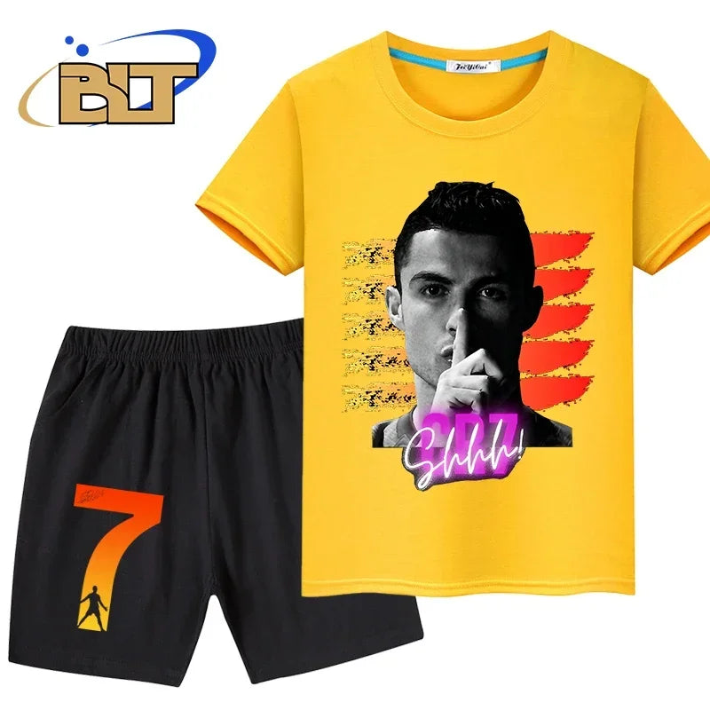 Ronaldo head print summer children's clothing kids T-shirt set pure cotton short-sleeved shorts 2-piece set boys and girls gifts