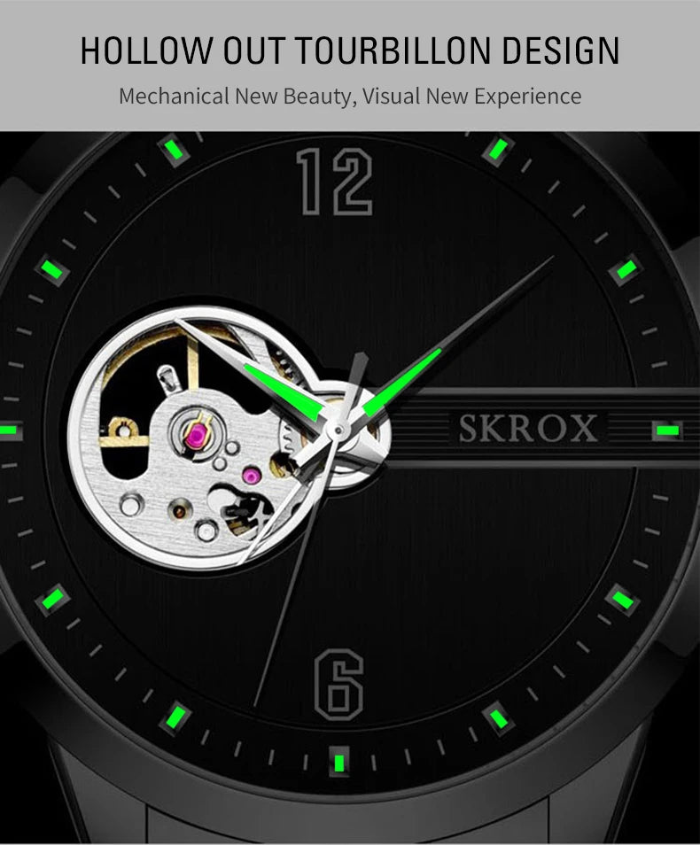 Original Genuine SKROX High-end Luxury Stainless Steel Skeleton Automatic Mens Watch Mechanical Waterproof Elegant Wrist Watches