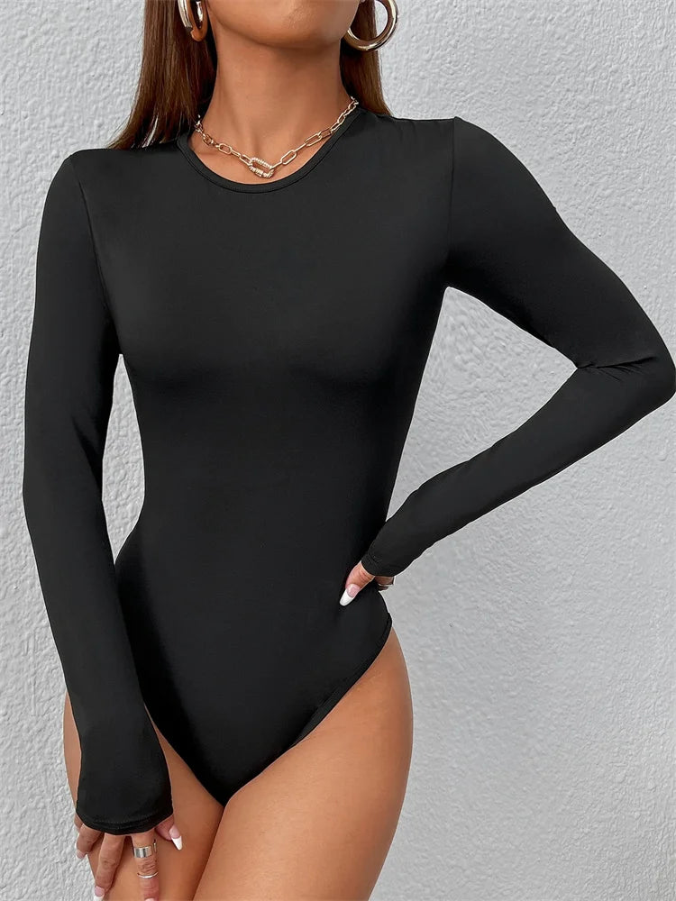 Women Basic Long Sleeve Round Neck Blouse Bodysuit Autumn Winter Casual Solid Color Slim Fit Bodycon Jumpsuit Streetwear