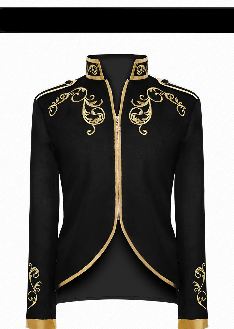 British Style Men Standing Collar Embroidered Suit Jacket Red / Blue Fashion Male Wedding Dance Party Patchwork Dress Coats