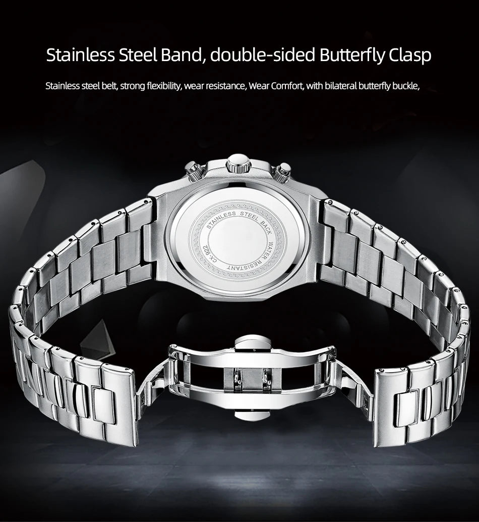 CHENXI Fashion Luxury Men's Watches Stainless Steel Quartz Movement Waterproof Calendar Moon Phase Chronograph Watch for Men