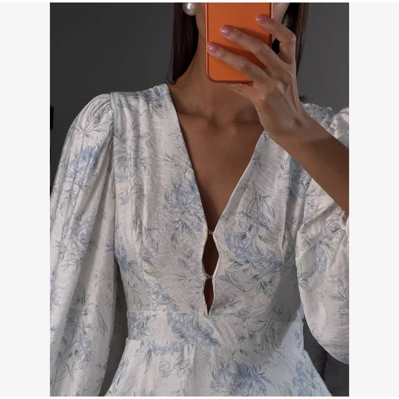 Elegant Floral Printed Waist-cinched Mini Dress Women Pleated Deep V-neck Long Sleeve Button-front Dresses Fashion Party Robe