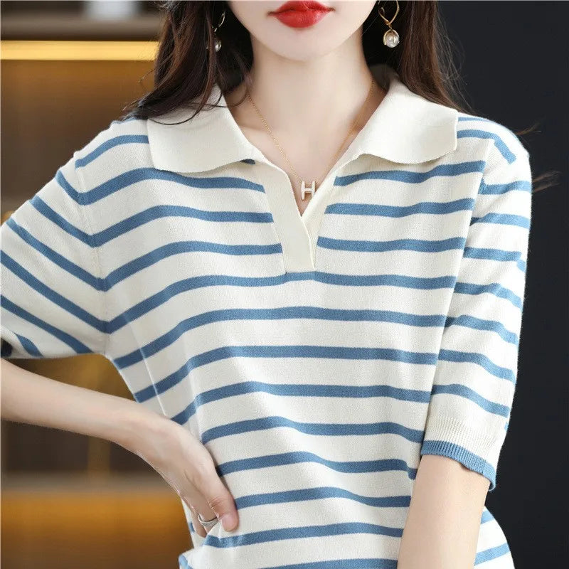 WinvyNee Summer Short Sleeved Women's Solid Polo Shirt Casual Cotton Striped Top T-shirt Women Clothing Casual Knitted A1002001