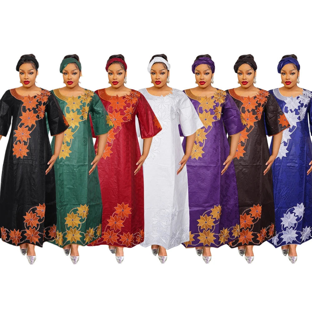 H&D New Style African Clothes For Women Traditional Embroidery Dresses Blue Bazin Women High Quality Party Wedding Occasion