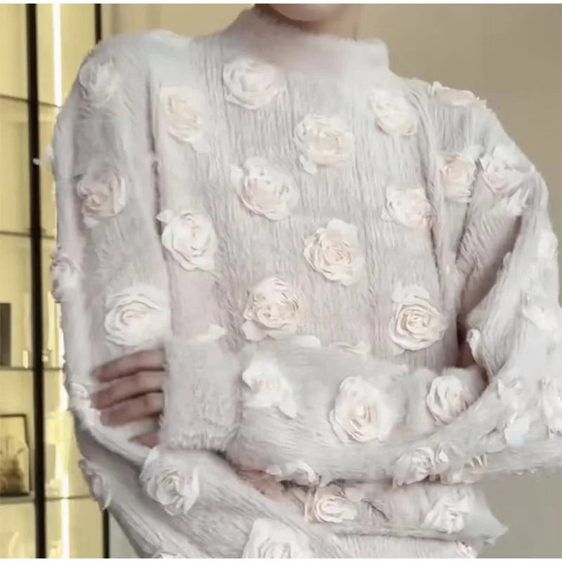 Knitting 3D Flower Tops Long Skirts Sets Women Elegant Lantern Sleeve Top Suit With Hip Package Skirt Lady 2025 Spring Outfits