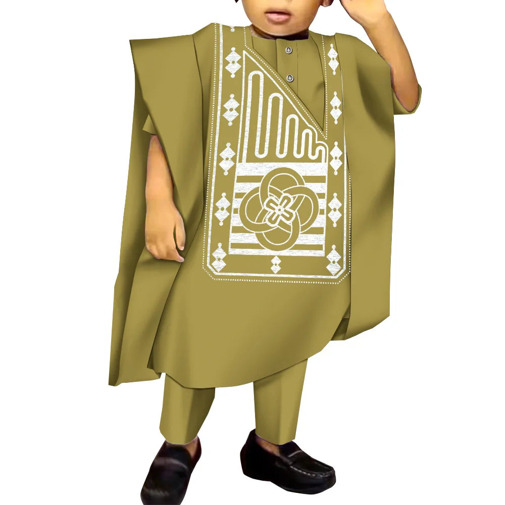 African Boy Embroidered Robe Set Children's Dress Gown Shirt and Trousers Three-piece Boys Traditional Clothing Party Wedding