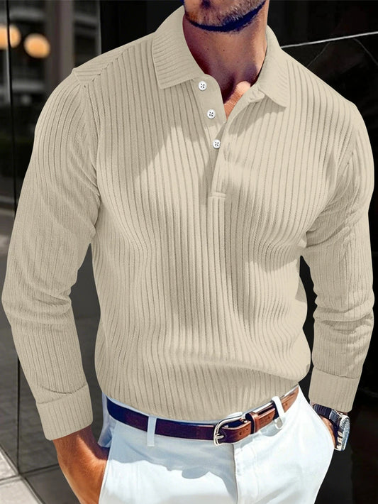 2025 Spring and Autumn New Men Solid Color Striped Button Knitted Collar Long Sleeve Top Business Casual Breathable Polo Shirt