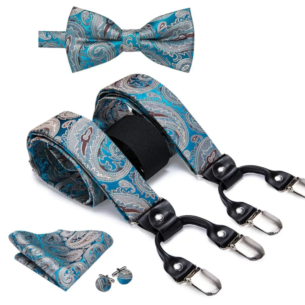 Hi-Tie Silk Adult Men's suspenders Set Leather Metal 6 Clips Braces Gold Brown Floral Vintage Men Fashion Wedding Suspenders Men BAZAARHUBO