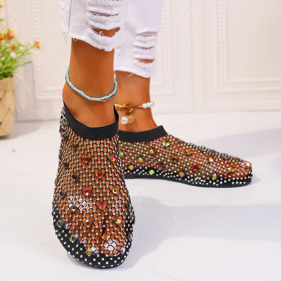 Summer Women's New Round Toe Flat Bottom Sandals Hollow Short Boots Water Diamond Sexy Flat Bottom Fashion Banquet Sandals
