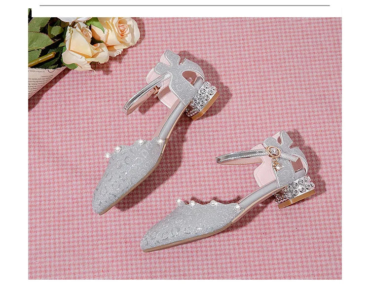 Princess Kids Leather Shoes Girls Sandal Sweet Pearl Casual Glitter Children High Heels Girls Party Dance Shoes Pink Gold Silver