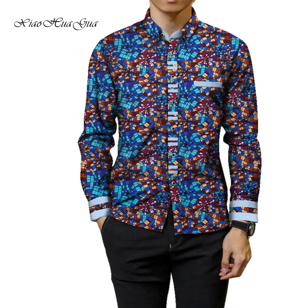 Fashion Mens Africa Festive Clothing Ankara Clothes African Print Tops Long Sleeve print Cotton patchwork T-shirt wyn905