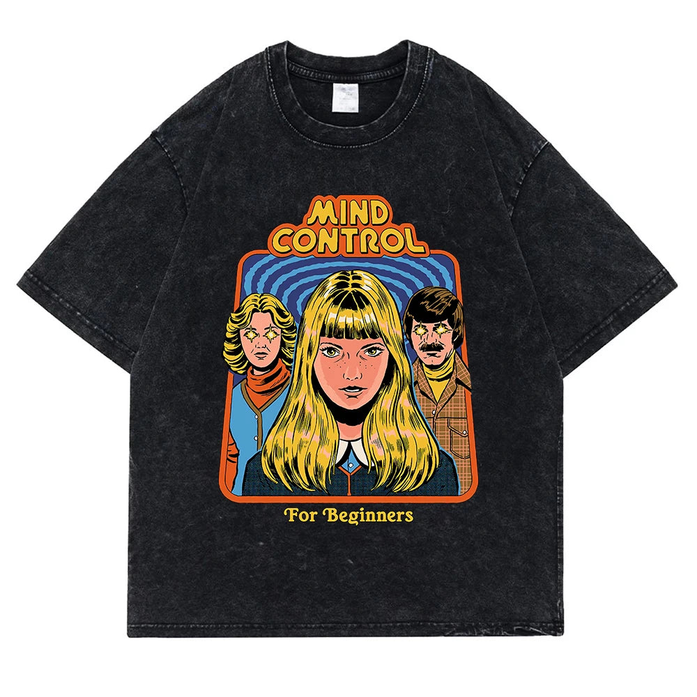 Mind Control For Beginners Washed Retro Men T Shirt Casual Oversize T-Shirt High Quality Cotton T-Shirt Summer Short Sleeve