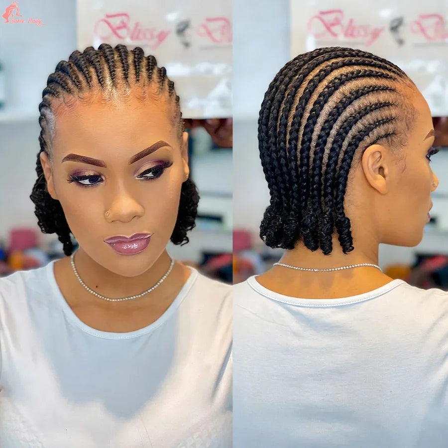 Short Bob Cornrow Braided Wigs Synthetic Full Lace Braids Wigs With Curly End For Black Women Handmade Knotless Box Braiding Wig