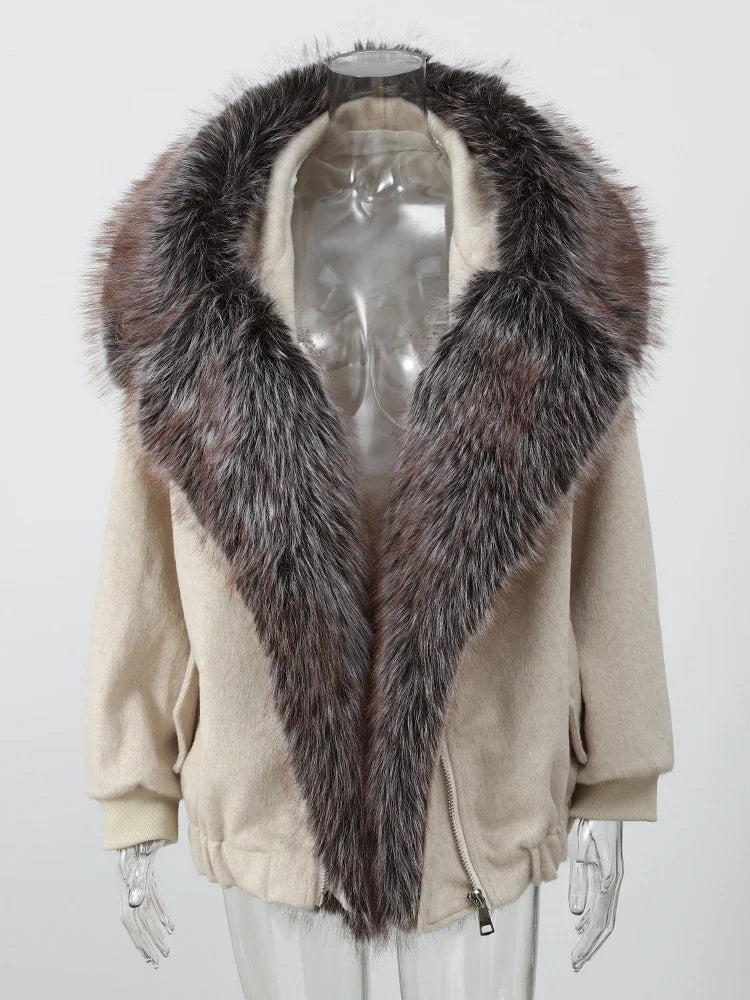 Chic Faux Fur Collar Patchwork Woolen Coat Women Casual Lapel Full Sleeve Zipper Loose Warm Coats Lady Commute Office Outerwears