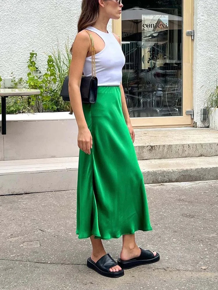 Elegant Women's Skirts High Waist Silk Satin A-line Skirt Lady Fashion Solid Color Purple Long Skirts for Women Fashion 2026
