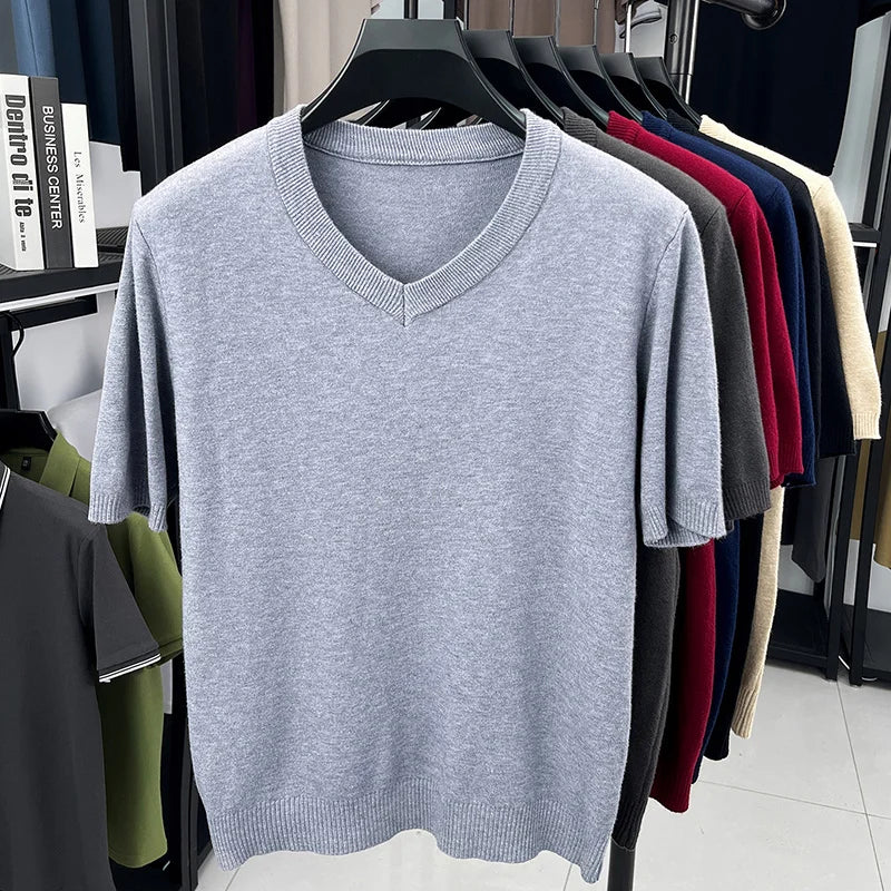 Mens V Neck Short Sleeve Wool Knit Pullover Soft Thin Knitwear For Business Office Daily Casual Spring Summer Basic Tops