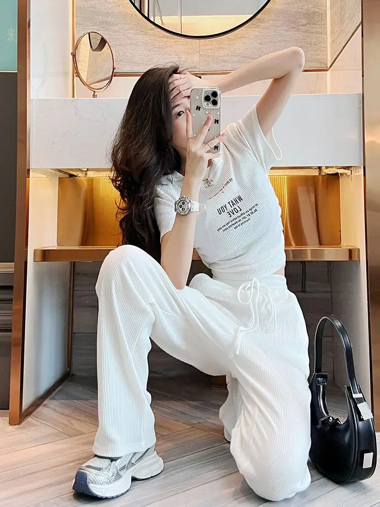Summer casual sports style spicy girl sexy short sleeved top+fashionable wide leg pants two-piece set