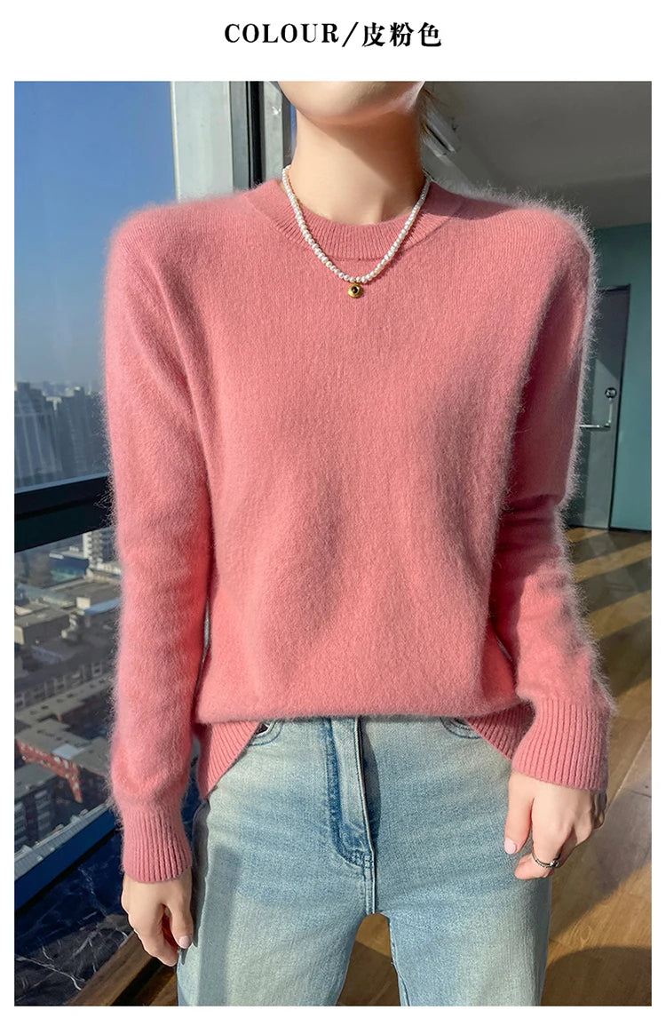 Autumn and winter women's semi high neck pullover sweater solid color knitted slim fit women's 100 mink cashmere sweater new sty
